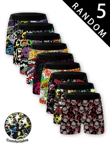 "Trendy" Men's Fashion Briefs Set (5 Random Pieces) Soft & Elastic Polyester Blend Fabric, Geometric & Pop Culture Patterns, Perfect for Sports & Casual Wear, Durable Underwear Set