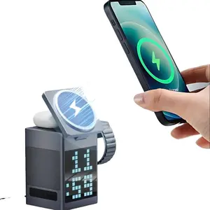 Upgrade 6 in 1 Wireless Charging Station, Multifunctional Magsafe Wireless Charger with Bluetooth Speaker Alarm Clock RGB Pixel Display, Fast Charging for iPhone 16 15, Multiple Apple Devices