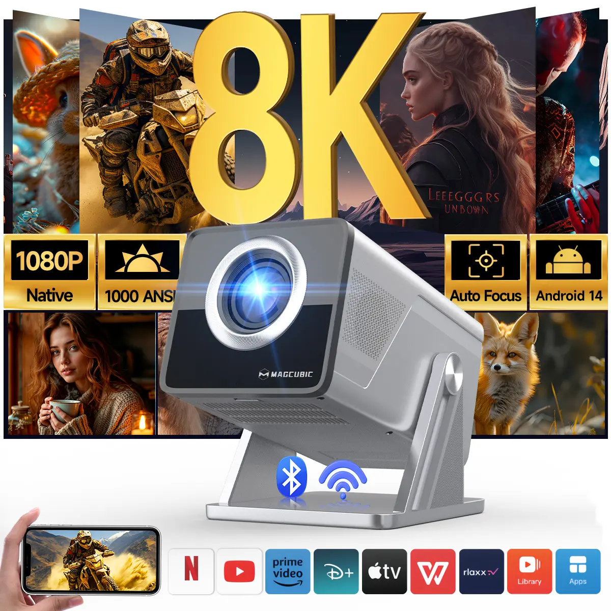 Auto Focus 1000ANSI X7 Projector 8K Decode Android 14.0 Built-In HiFi Speaker Auto Obstacle Avoidance & Fully Keystone Correction Dual WiFi6 BT5.4 Native 1080P 180° Rotatable Allwinner H726 #TikTokShopBackToSchool