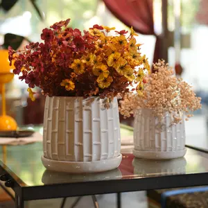 Handmade Bamboo-Pattern White Glazed Ceramic Planter Set (2-Piece) - 6in & 8in Diameter, Breathable Clay, for Orchids, Indoor/Outdoor Shelf & Table Use