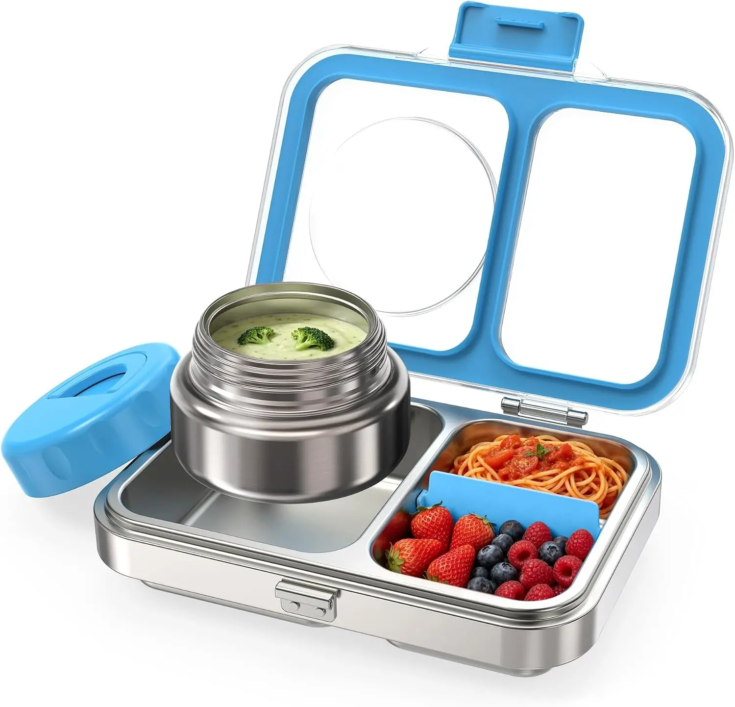 Stainless Steel Bento Lunch Box + 9.5oz Insulated Food Jar, Blue | 2-Compartment Leak-Proof Container for Kids & Adults, BPA/BPS-Free, 18/8 Metal, Dishwasher Safe, Clear Tritan Lid