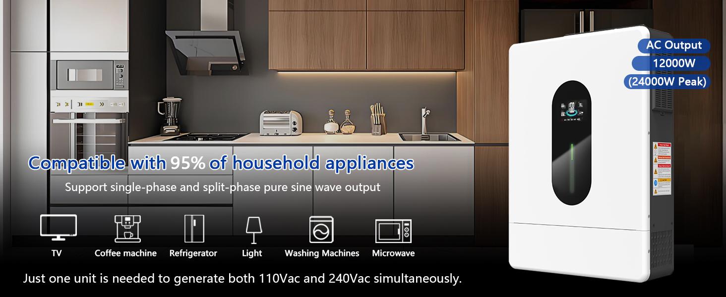 12KW 48V Split Phase Hybrid Solar Inverter, 18000W PV Input & 250A Fast Charge, 120V/240V Off-Grid System, 2 MPPT, WiFi Monitor, 6-Unit Parallel, UL Listed for Home Battery Backup (Li-ion/Lead Acid)