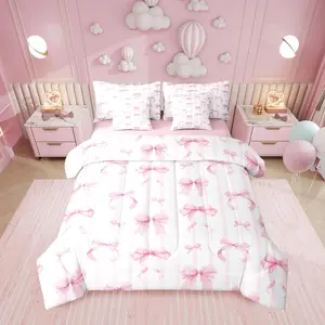 Feelyou 7-Piece Ultra-Soft Bedding Set - Breathable Quilt, Fluffy Blanket, Coquette Bow Pink White Kawaii Ribbon Comforter, Stripe Fitted Sheets, Romantic Theme for Girls