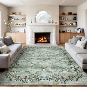 GARVEE 8x10 Washable Floral Area Rugs for Living Room: Modern Floral Non Slip Large Area Rugs for Bedroom, Large Machine Washable Living Room Low Pile Carpet with Non-Slip Backing Green 8'x10'.