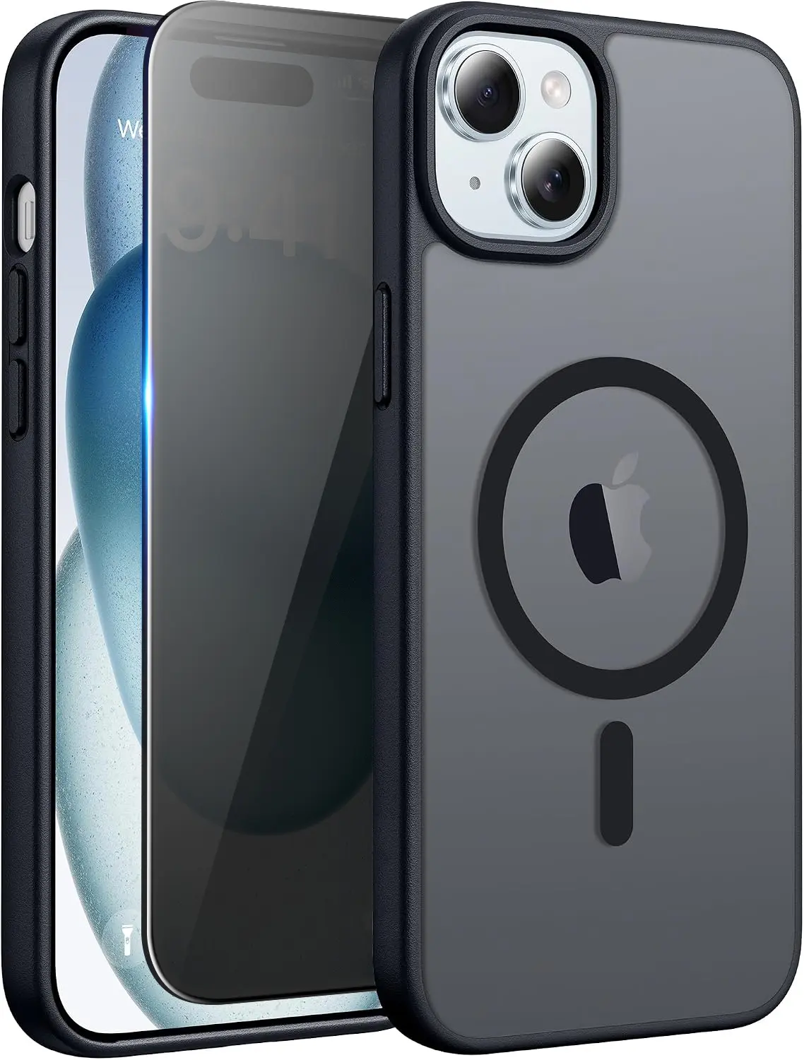 Magnetic for iPhone 15 Case with Privacy Screen Protector, Compatible with MagSafe, Translucent Matte Anti-Scratched Slim Case for iPhone 15 ,Black