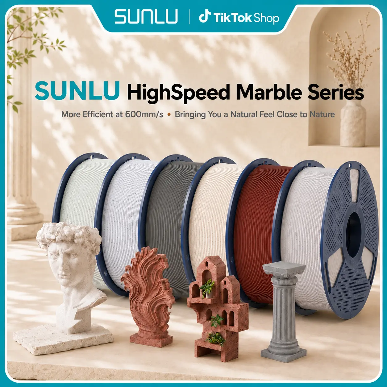 SUNLU 1KG 3D Filament | 1KG/Roll (1.75mm Diameter, 1KG Equals 330m), High-Speed Fast Print High-Detail Marble Look, Smooth Surface, Bubble-Free, Compatible with Bambulab Creality Anycubic Elegoo Printers, for Sculptures