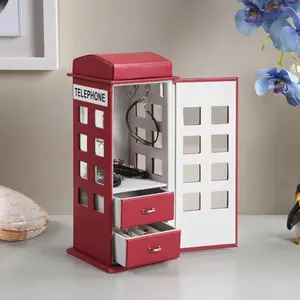 11.5" Tall British Telephone Booth Jewelry Box, Leather Organizer with Drawers & Ring Slots
