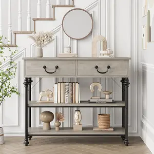 Console Tables for Entryway, Small Entryway Table with 2 Drawers, Narrow Sofa Table with Storage Shelves for Living Room, Hallway, Rustic Grey