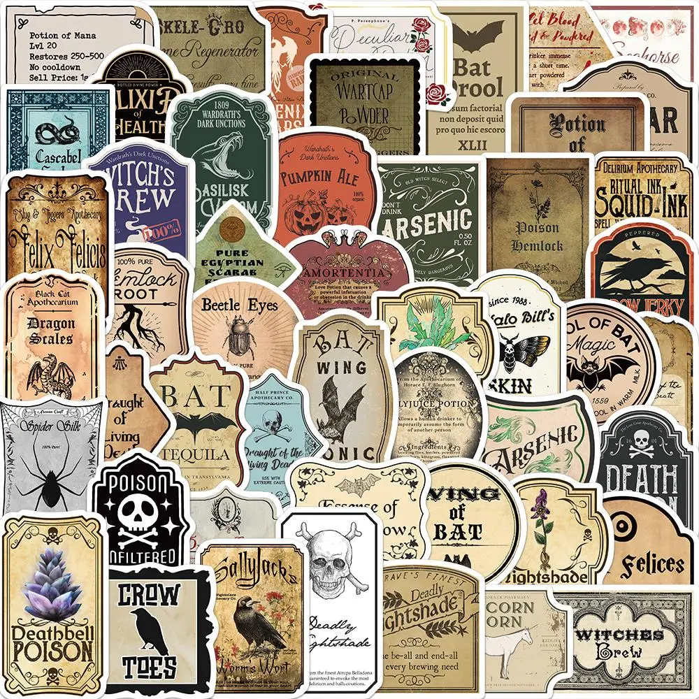 Vintage Pharmacist Poison Potion Pattern Sticker, 50pcs/set Waterproof Self Adhesive Decor Paper, Decor Sticker for Gift Greeting Card Water Bottle Laptop Phone, Ornaments