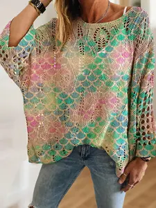 Women's Geometric Colorblock Knit Top, Long Sleeve Batwing Hollow Out Design, Casual Elegant Vacation Style, Spring Summer Fall Fashion Knitwear Womenswear