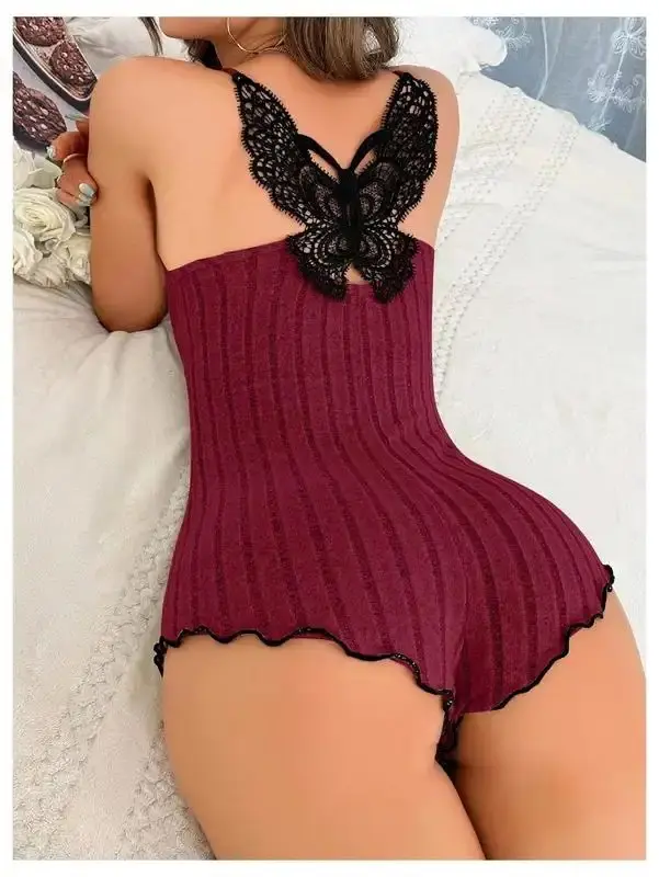 Women's Lace Trim Sleepwear Spaghetti Strap Cami Romper Loungewear