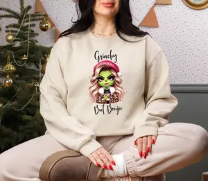 Grinchy but Boujee Christmas Sweatshirt, Funny Grinchy shirt, Trendy Bougie Holiday Sweater, Leopard Print Grinchmas, Funny Christmas Gifts Cotton Crewneck Sweater Womenswear Tops Women Lady