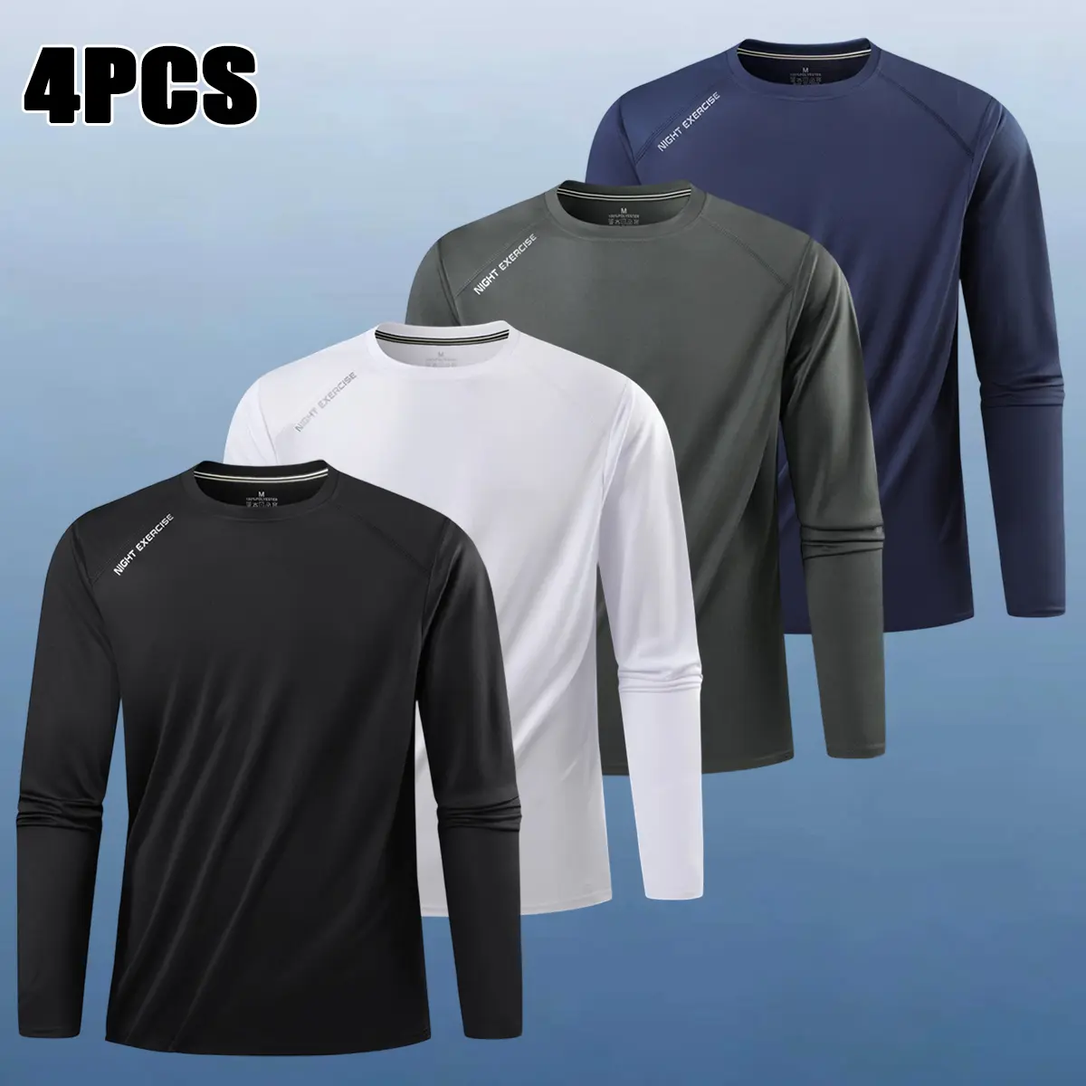 Men's 4-Pack Fitted Long Sleeve Compression Tops, Outdoor Dry-Fit Athletic Shirts - Breathable Moisture-Wicking Polyester Stretch Knit, Round Neck, for Running, Biking, Golf