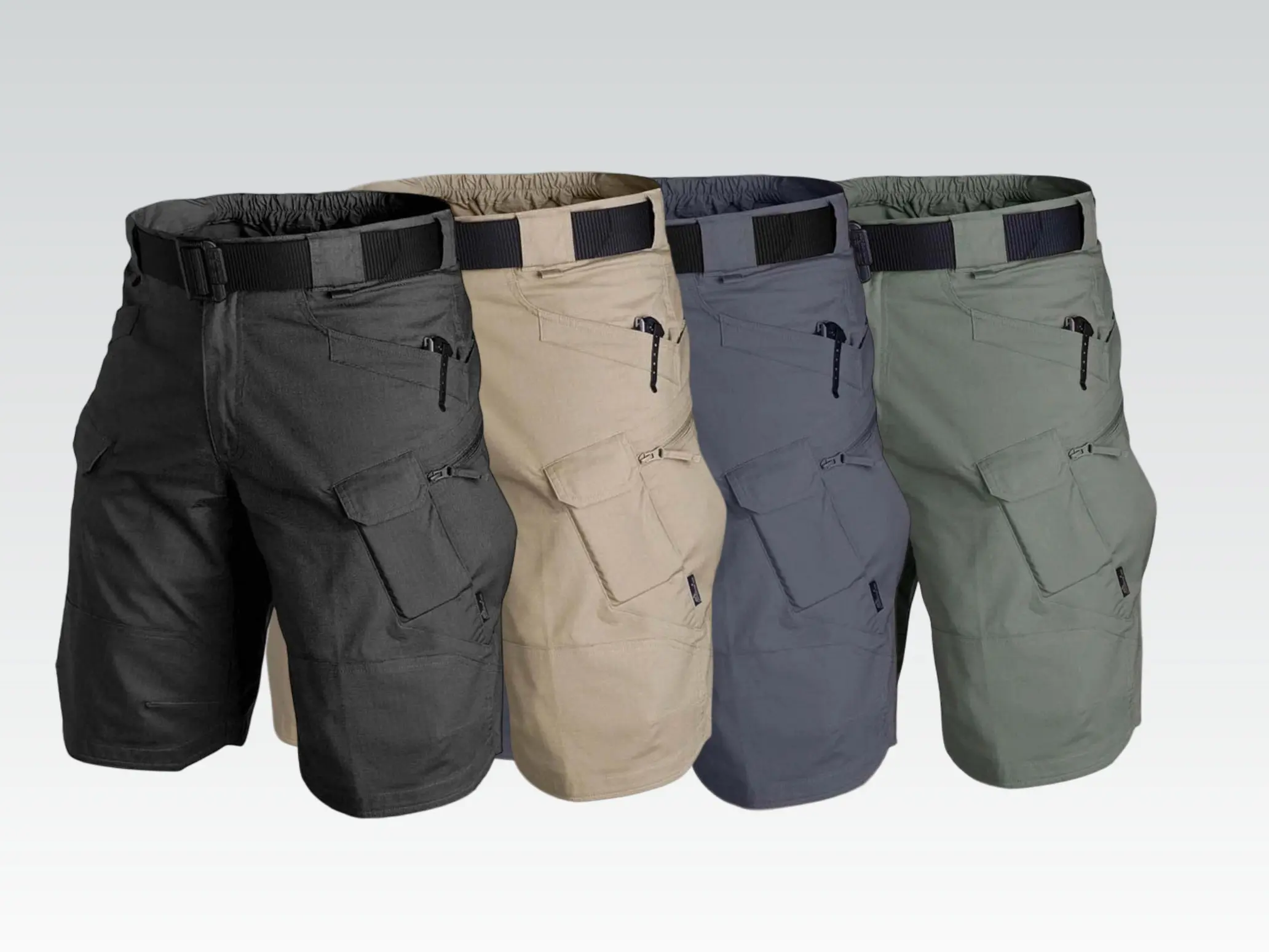 Men’s Beige 3-Pack Multi-Pocket Tactical Cargo Shorts, Stretch Fabric Water-Resistant Elastic Waist Multi-Functional Work Shorts, Ideal for Construction, Hunting