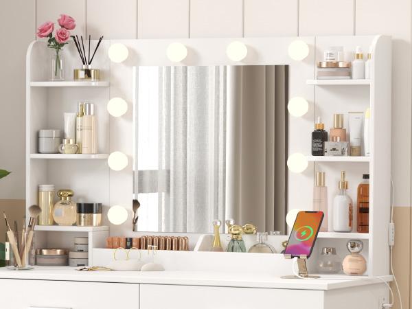 Lifewit Vanity with Mirror Adjustable Lighting, 2 Power Outlets/USB Ports, Makeup Desk with Storage Stool, 8 Open Shelves, 2 Drawers, Lipstick Holders Lifewit Vanity with Mirror Adjustable Lighting, 2 Power Outlets/USB Ports, Makeup Desk with Storage Stool, 8 Open Shelves, 2 Drawers, Lipstick Holders