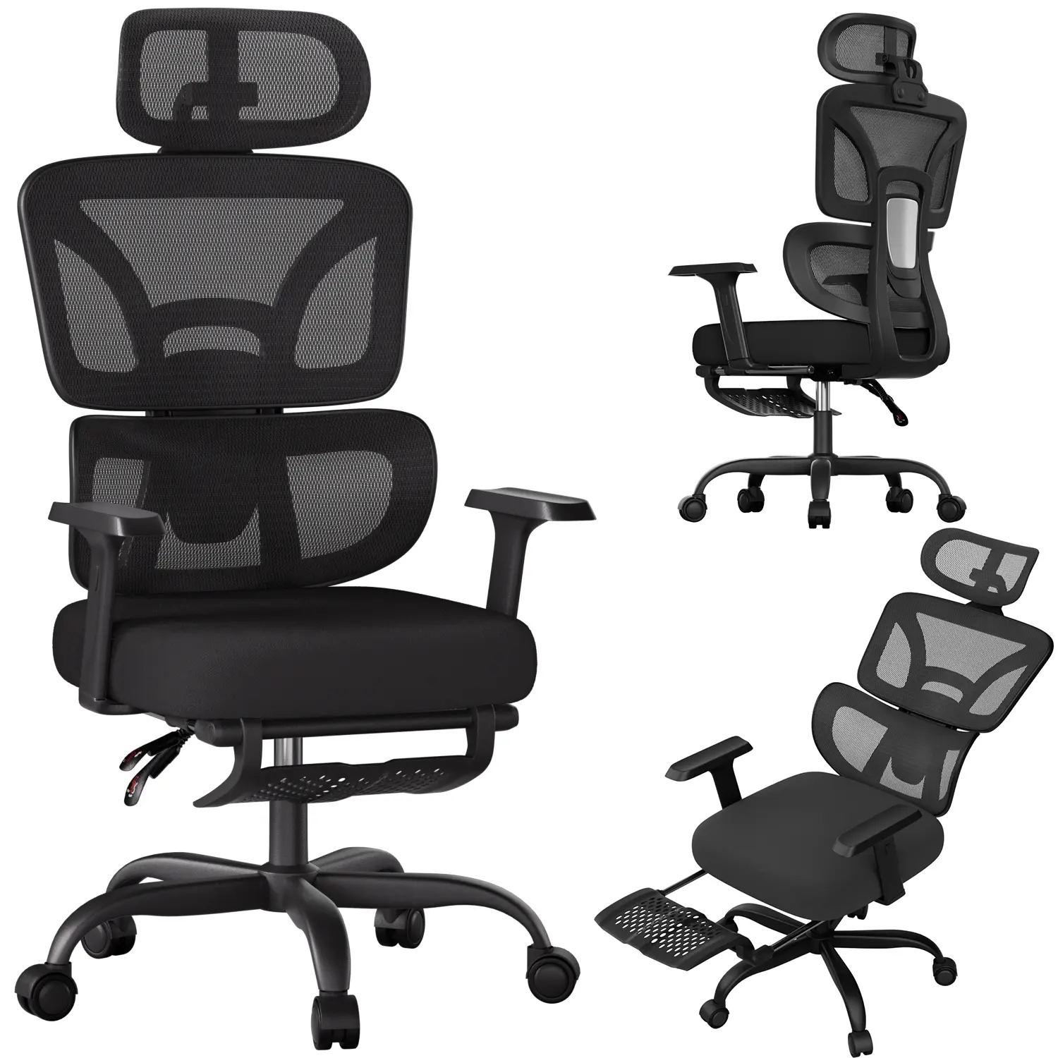 Black Modern Mesh Fabric Ergonomic High-Back Office Chair with Footrest, Lumbar Support, 2D Headrest, Reclining Seat (90-135° Recline Lock), 400 lbs Weight Limit, Suitable for Home Offices