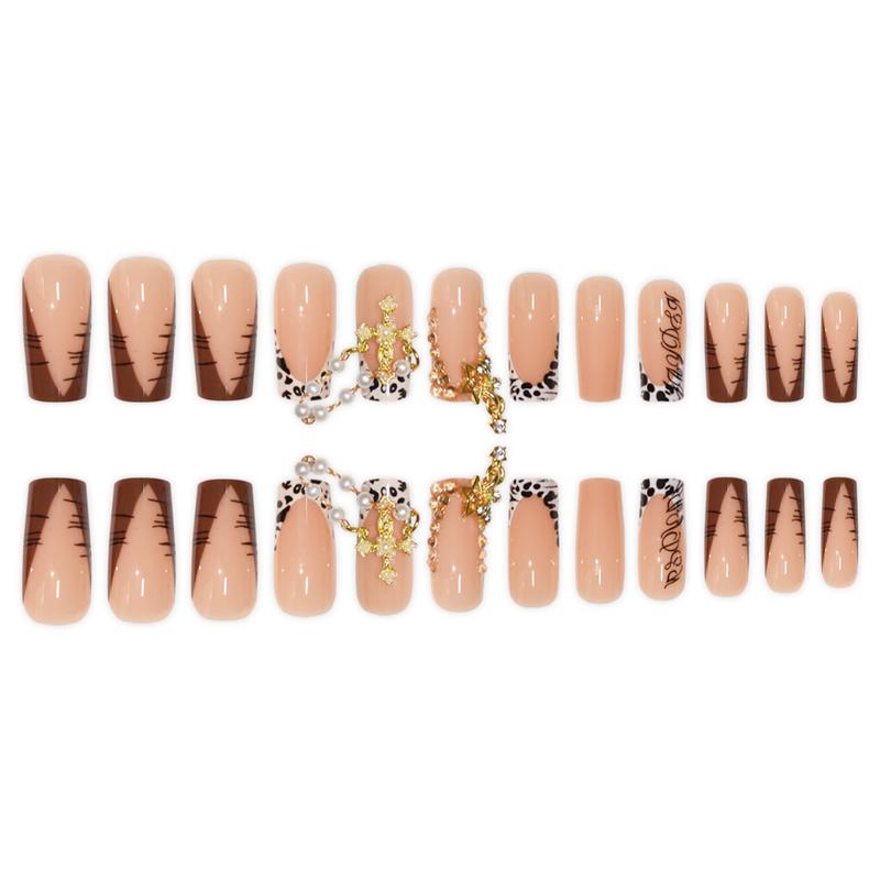 24 Piece Glossy and Leopard Print Press-On Nails with Cross Charm, Pearl Chain and Bling Rhinestone Decoration, Reusable Self-Adhesive Nail Kit for Party and Night Glamour