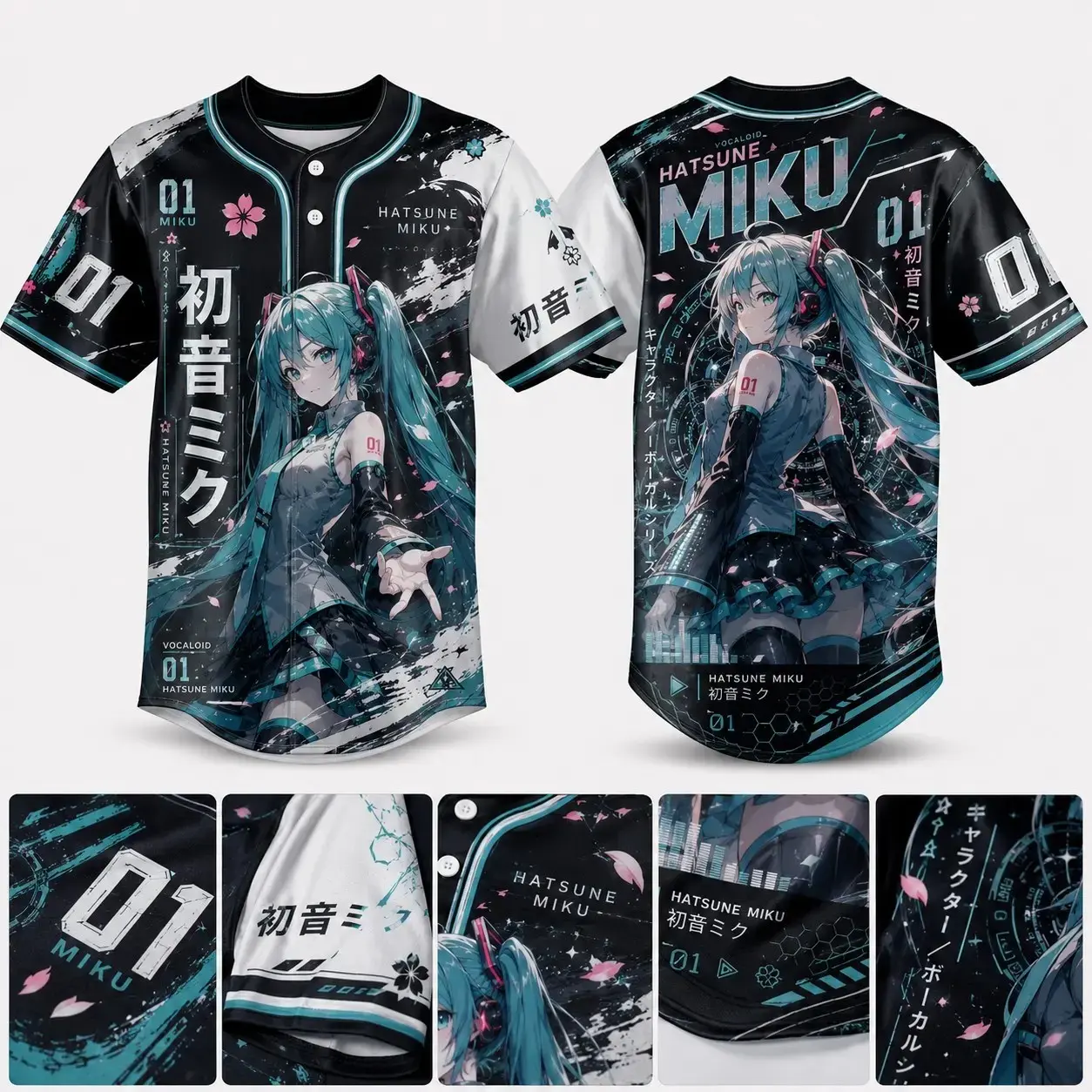 Hatsune Miku Anime Baseball Jersey Button Down Streetwear Shirt, Premium Ultra-Soft Breathable Polyester, Double-Sided Cyberpunk Vocaloid Cosplay Tee Graphic Otaku Gift