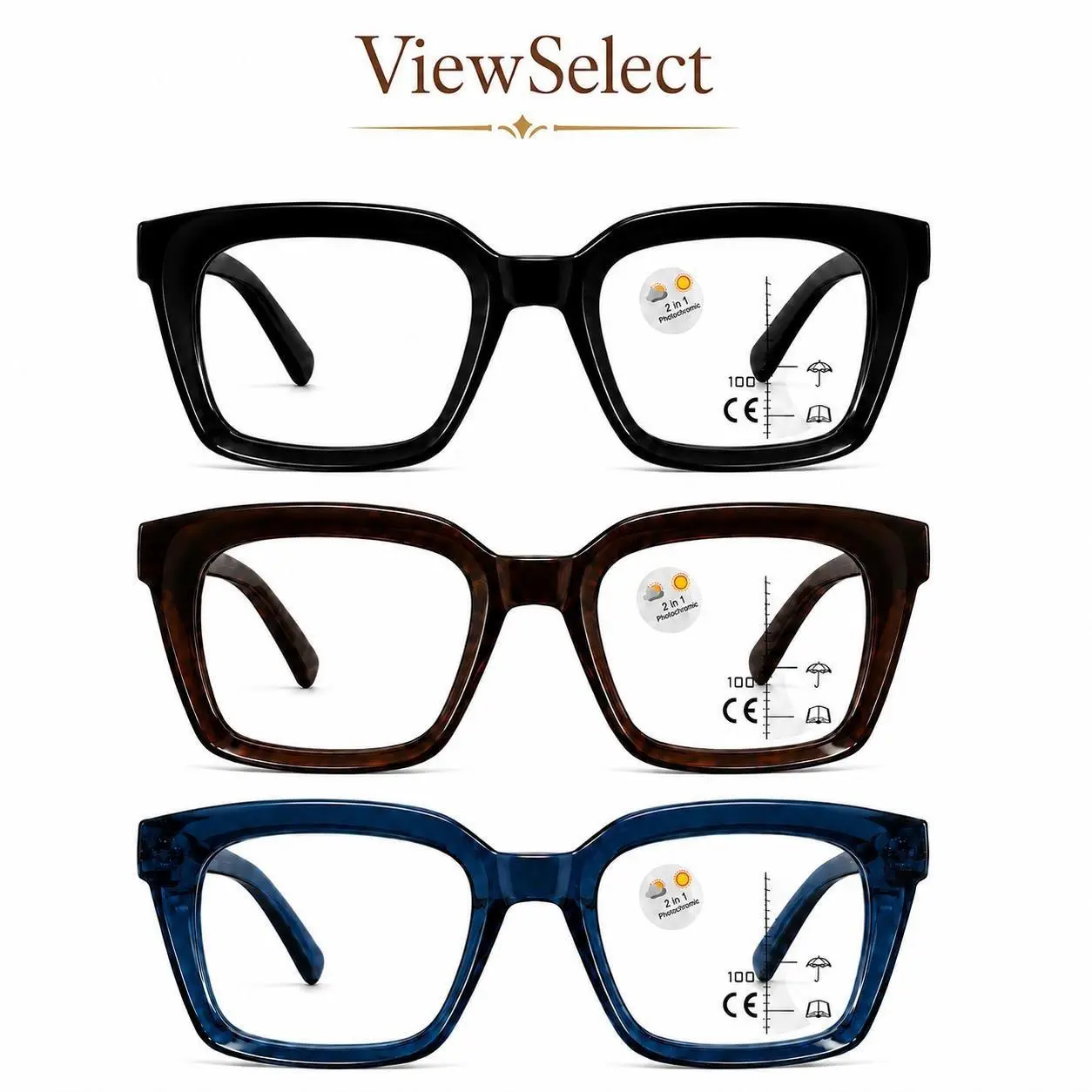 ViewSelect Progressive Multifocal Photochromic Reading Glasses for Women and Men - Oversized Square Frame, Light-Adaptive, Blue Light Filtering, Non-Prescription Near-Mid-Far Vision Eyewear