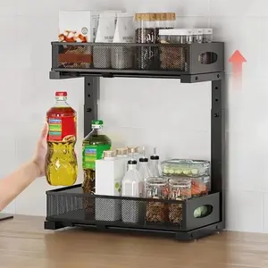 Under Sink Organizer, 2-Tier Kitchen Cabinet Organizer With Pull Out Drawer, Black/White Under Sink Storage for Bathroom Kitchen Closet