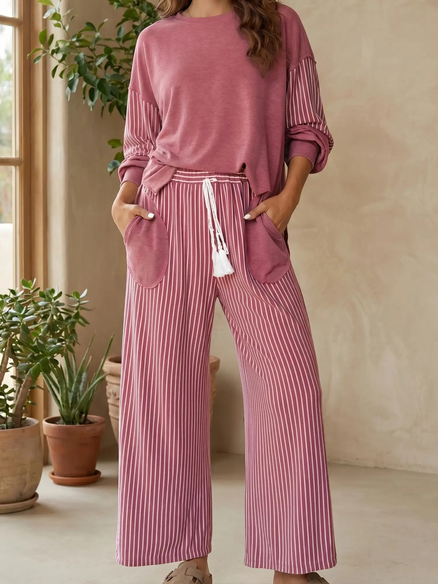 Women’s Exposed Seam Patchwork Two-Piece Pant Set, Long Sleeve Top and Pocket Pants Casual Matching Outfit