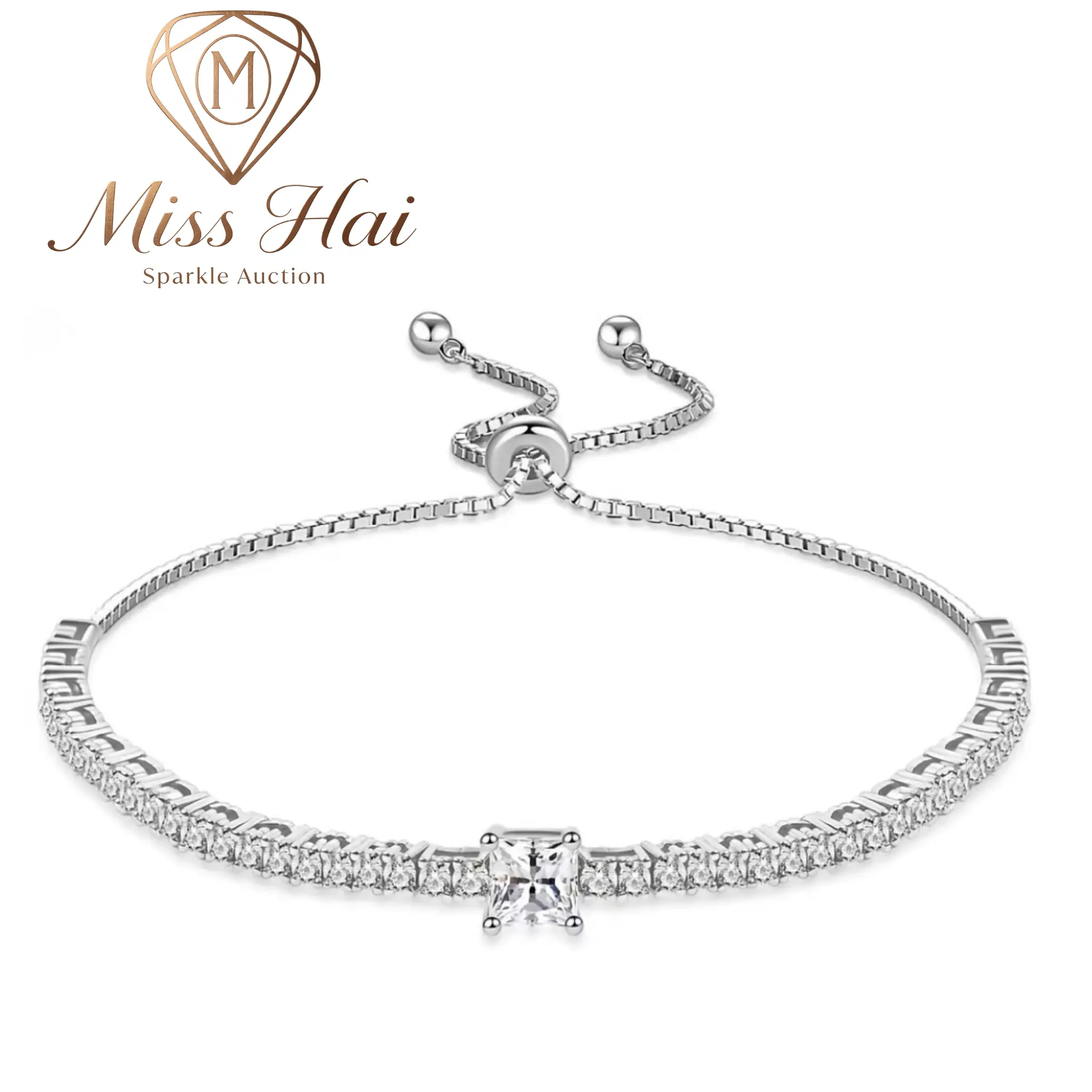 MISS HAI Women Adjustable Slider Tennis Chain Bracelet, 2.5ct Princess‑Cut Synthetic Moissanite Boundless Love Design,14K Gold‑Plated Copper Chain Ornament, Elegant Gift for Birthday & Bridal Occasions