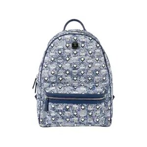 Pre-owned MCM Coated Canvas Backpacks Stark Backpack in a blue denim style monogram finish