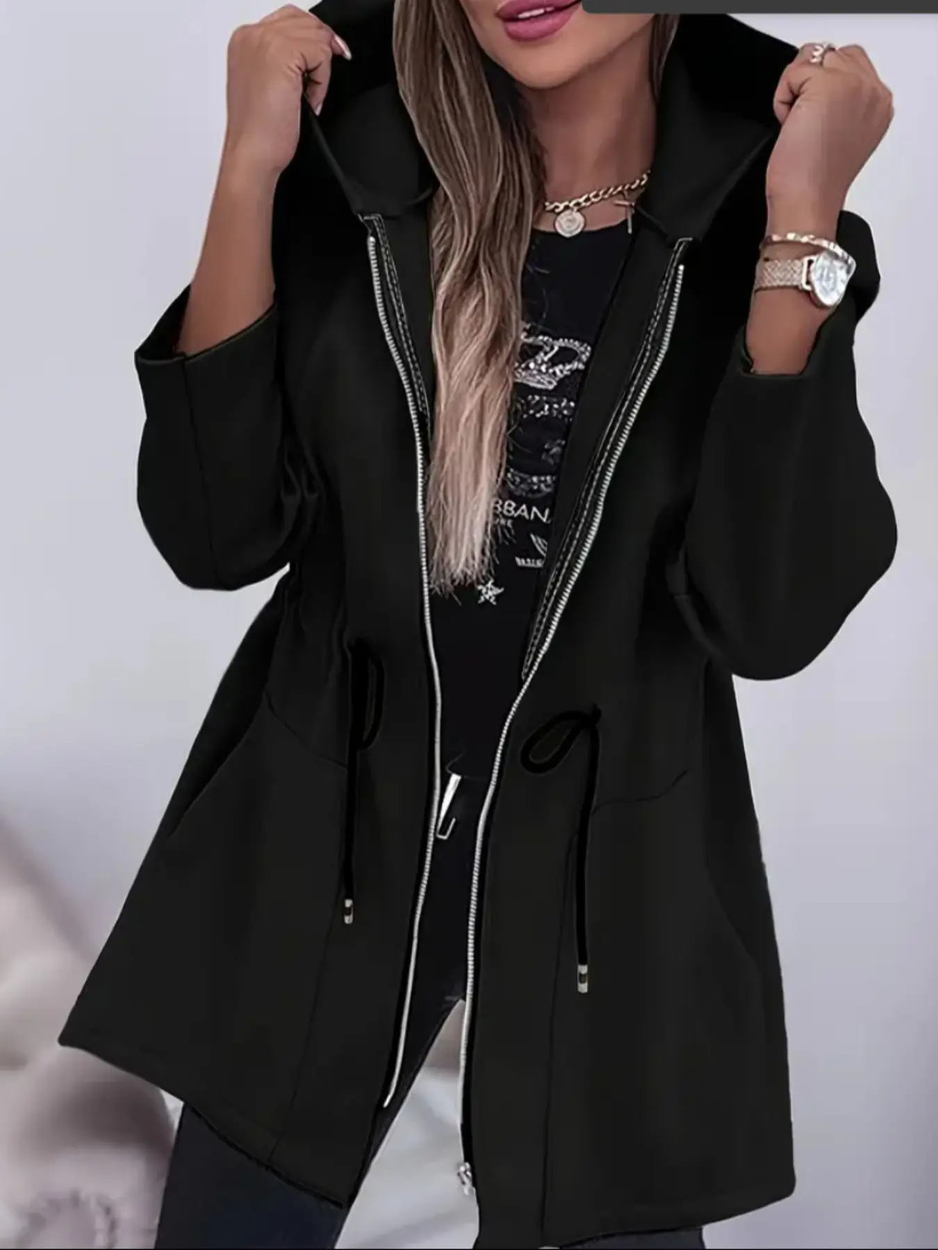 Fashion Loose Waist Casual Mid-Length Zipper Hooded Women's Jacket, Coats, Long Sleeve, Drawstring, Pockets, Spring & Fall, Plain Style, Fitted, Womenswear