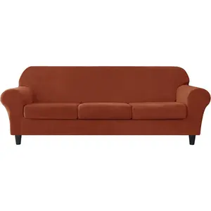 Stretch Sofa Slipcovers, Thick Velvet Sofa Covers for 3 Cushion Couch Soft Couch Cover Furniture Protector for Kids Pets (Large, Burnt Orange)
