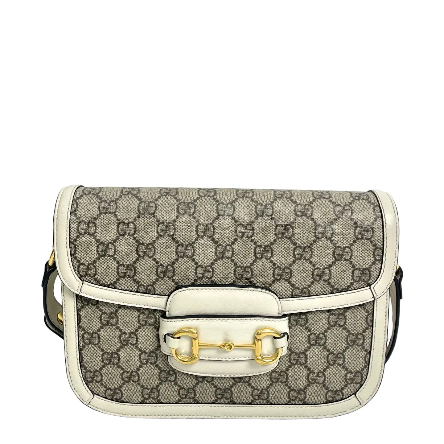 Pre-owned canvas shoulder bag Gucci Horsebit 1955 GG Supreme – Beige/Ebony with White Leather