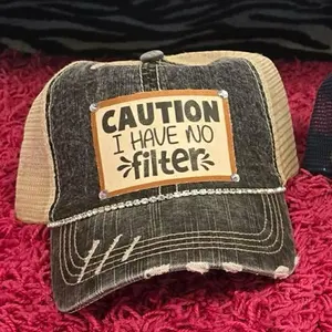 Caution, I Have No Filter Distressed Denim Patch Bling Baseball Cap