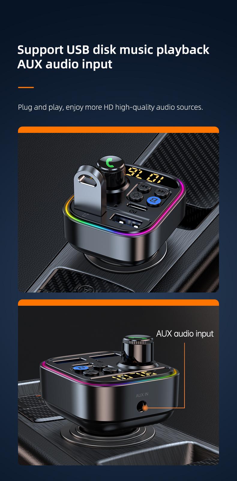 Wireless Bluetooth Car Adapter Bluetooth 5.3 FM Transmitter AUX Radio Receiver MP3 Player Handsfree Call Type-C USB  Car charger