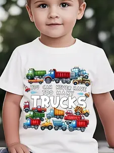 Kids' "You Can Never Have Too Many Trucks" Construction Vehicle Graphic T-Shirt - Short Sleeve Casual Tee for Boys