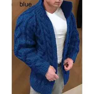 Men's Heavyweight Winter Cardigan Jacket - Thick Knitted Sweater Coat, Stand Collar, Single-Breasted Front and Cable/Twist Pattern, Machine Washable Loose Coat (Navy Blue/Black), Suitable for Cold Weather, Casual and Formal Occasions