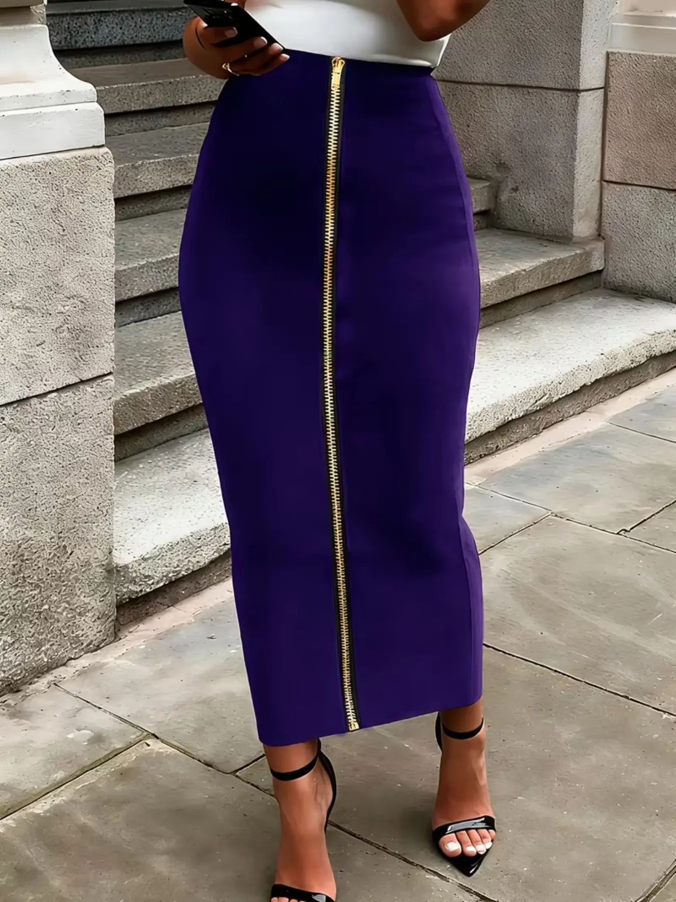 Women's High-Waisted Bodycon Skirt, Metal Zipper, Metallic, Slim-Fitting, Fitted Skirt, Long, Elegant, Chic, Office Wear, All Seasons, Plain Pattern, Womenswear