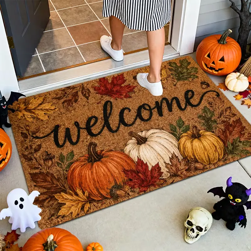Fall Pumpkin And Maple Leaf Welcome Pattern Door Mat Nonslip Comfortable Easy to Clean Ideal for Entryway Bedroom Living Room Home Decor Floor Mat Kitchen Bathroom Halloween Festival Decorations