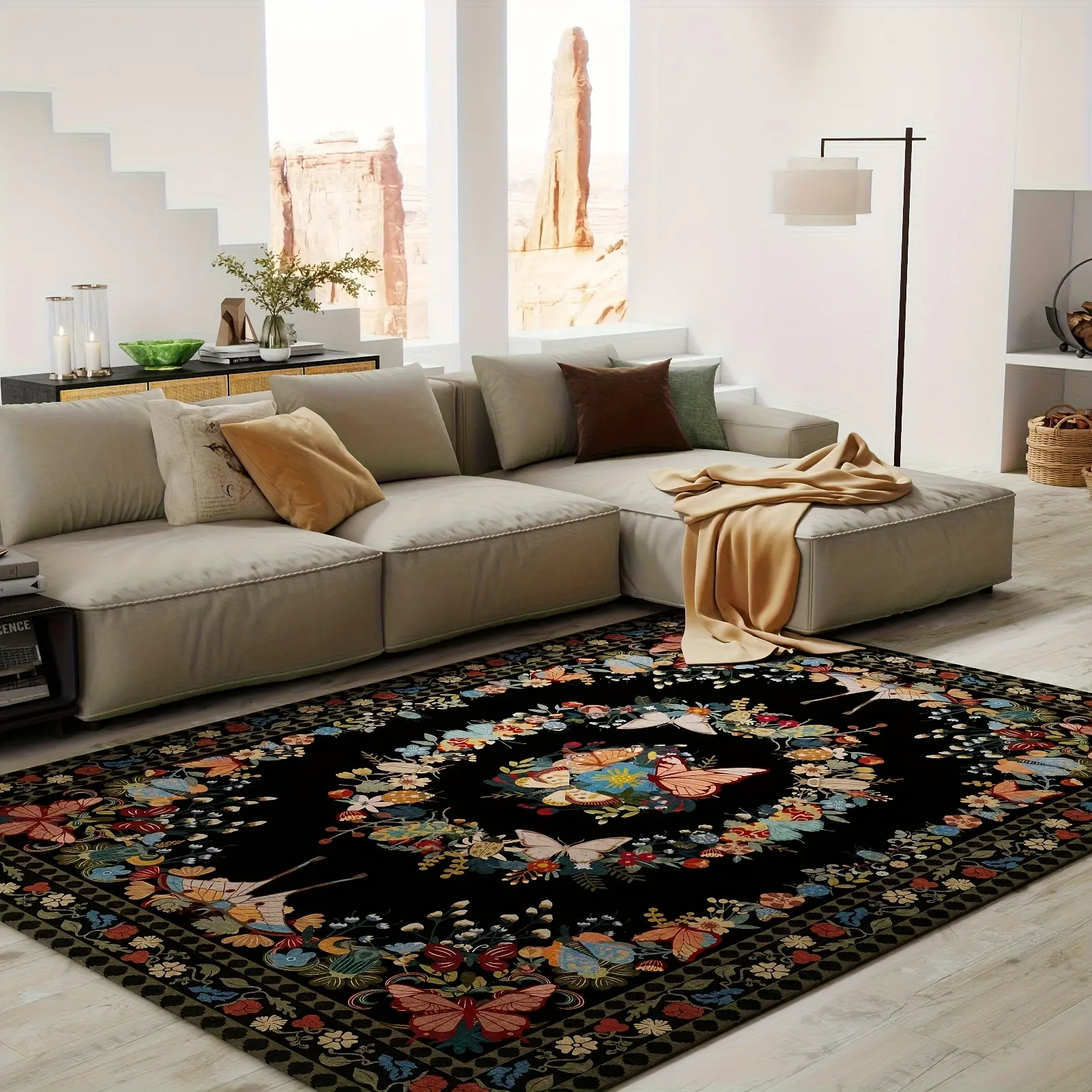 JAKOLIVE Eye-Catching Artistic Abstract Area Rug for Living Room, Little Butterfly Black Tapestry Floor Carpet with Versatile Home Decor, Machine Washable, Suitable for Living Room, Bedroom, Hall, Bathroom, Kitchen, Laundry Room