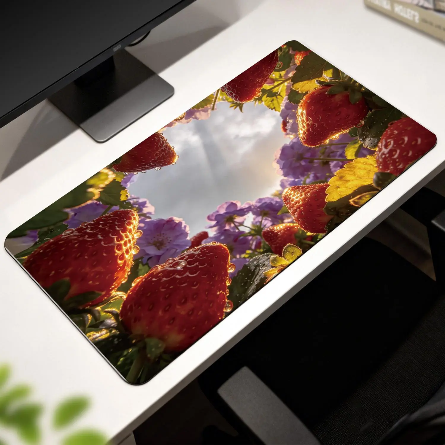 Premium Fresh Strawberries with Dew & Purple Flowers Illustration Sublimation Mouse Pad, 40x80cm High-Quality, Non-Slip Durable, Comfortable for Office Work & Gaming, Sublimation Mouse Pads