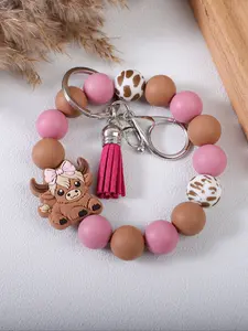 Cute Farm Style Beaded Wrist Keychain, Multiple Colors Available, Spot Pattern Beads with Bow Cow Design, Perfect Gift for Friends & Family