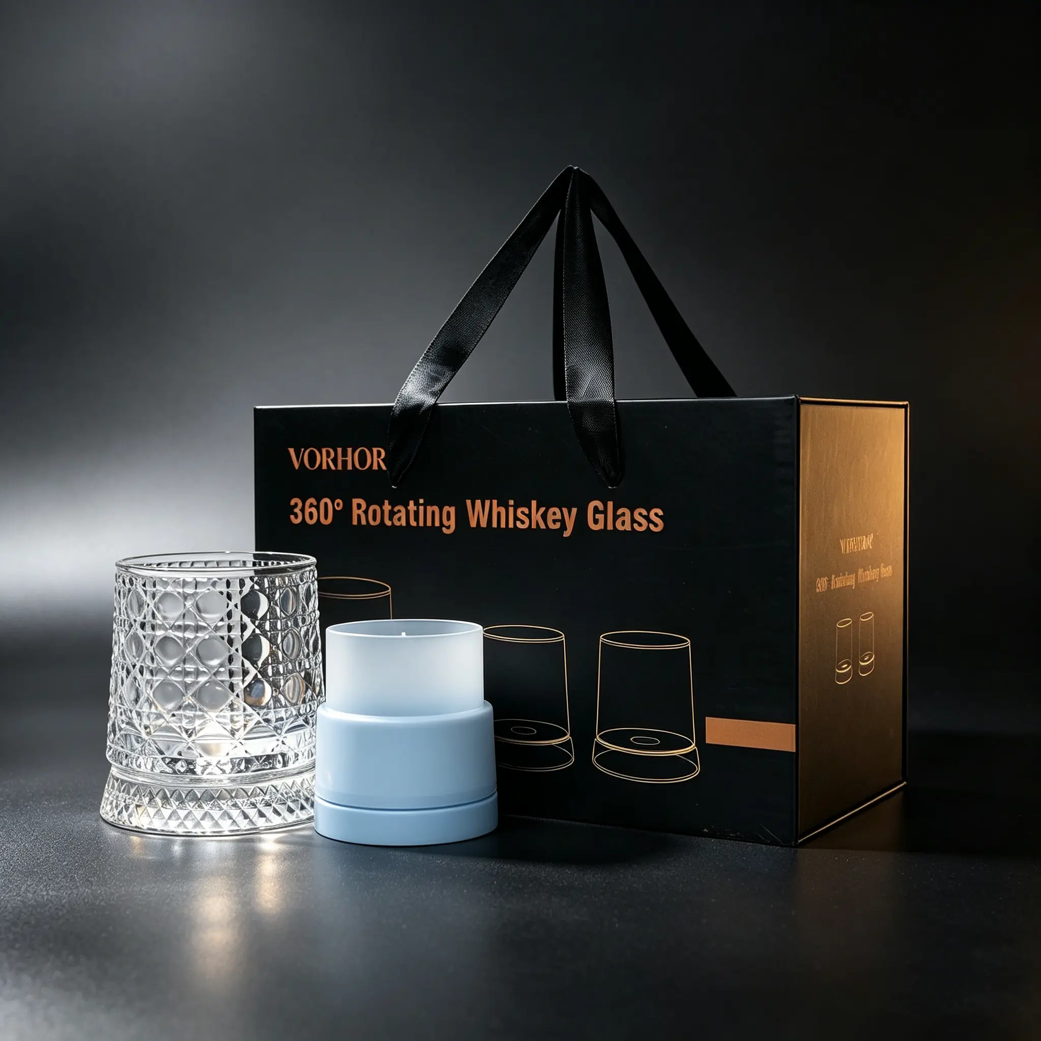 360° Rotating Whiskey Glass Set—Premium Embossed Rotating Whiskey Glasses with Rotating Bases and Luxury Gift Box (Includes 2 Ice Ball Molds)—Perfect for Gifting