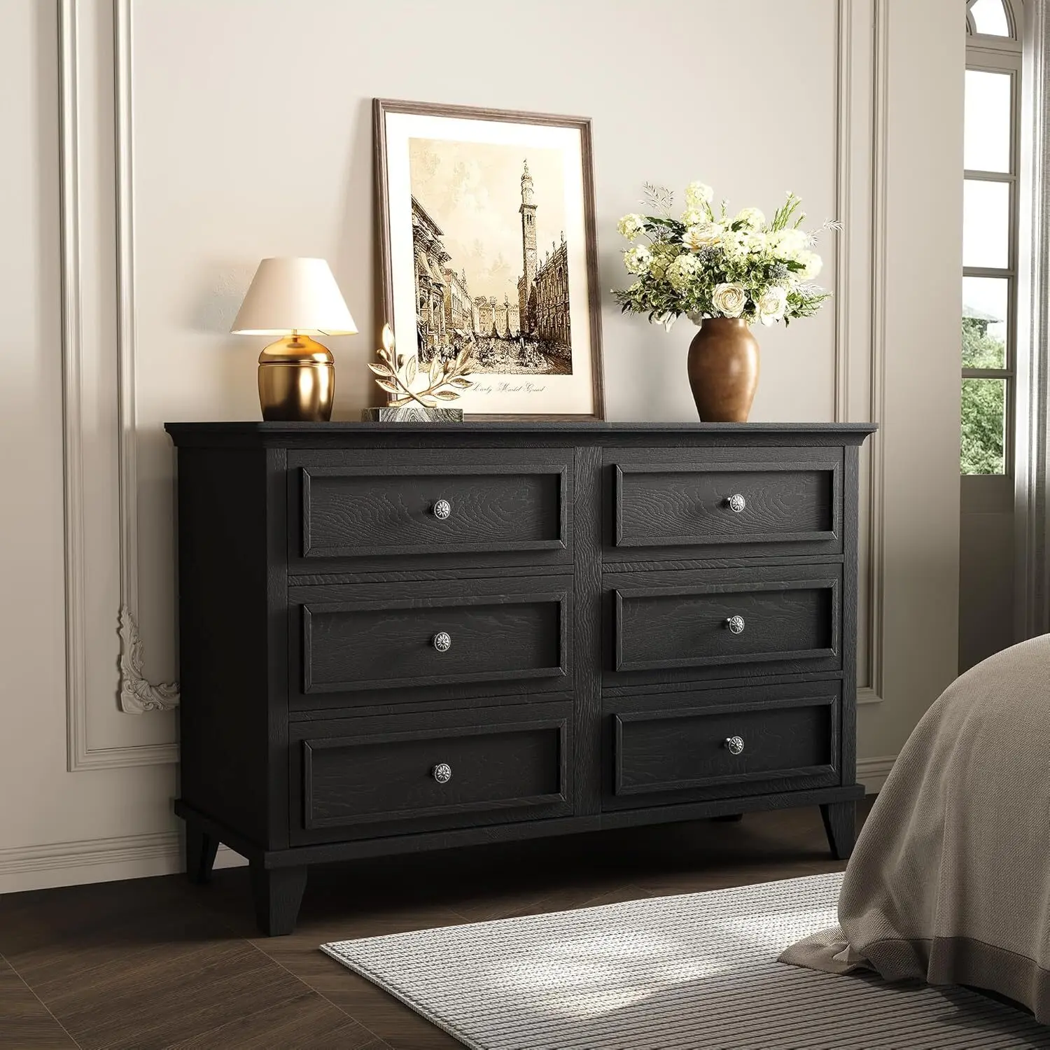 Black Farmhouse 6-Drawer Double Dresser - 47in Sturdy MDF Wood Storage Chest with Vintage Handles, Anti-Tripping Devices, Clever Storage, Waterproof Surface, Multi-Room Organizer for Bedroom, Entryway, Assembly Required
