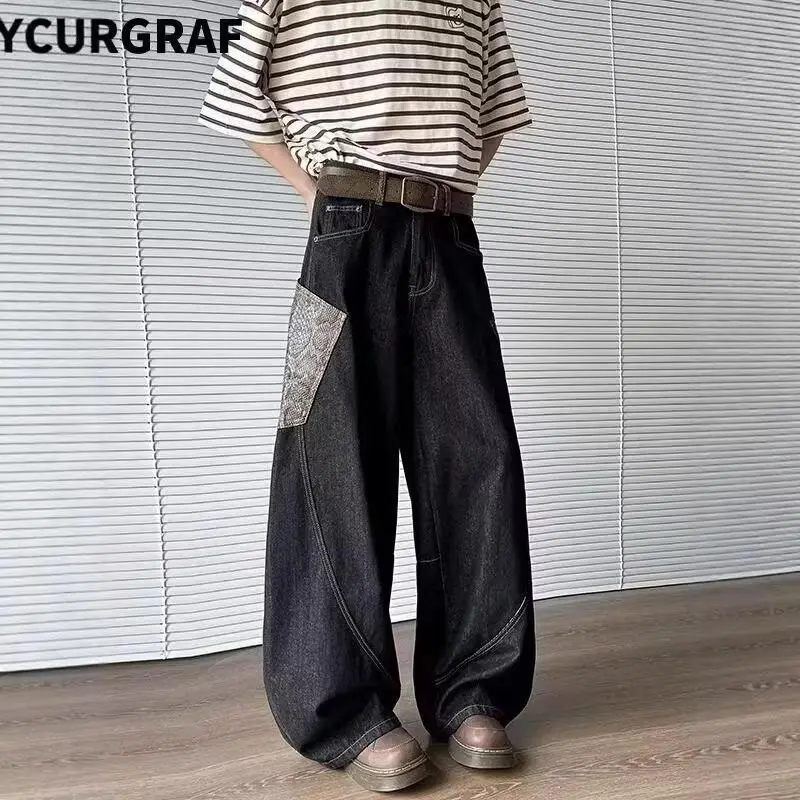 Men's Retro Wide-Leg Denim Jeans - Streetwear, 1990s Hip-Hop Androgynous Flared Menswear Pants, Denim Men's Jeans for Classic Unisex Street Style Outfits, Streetwear Men's Jeans