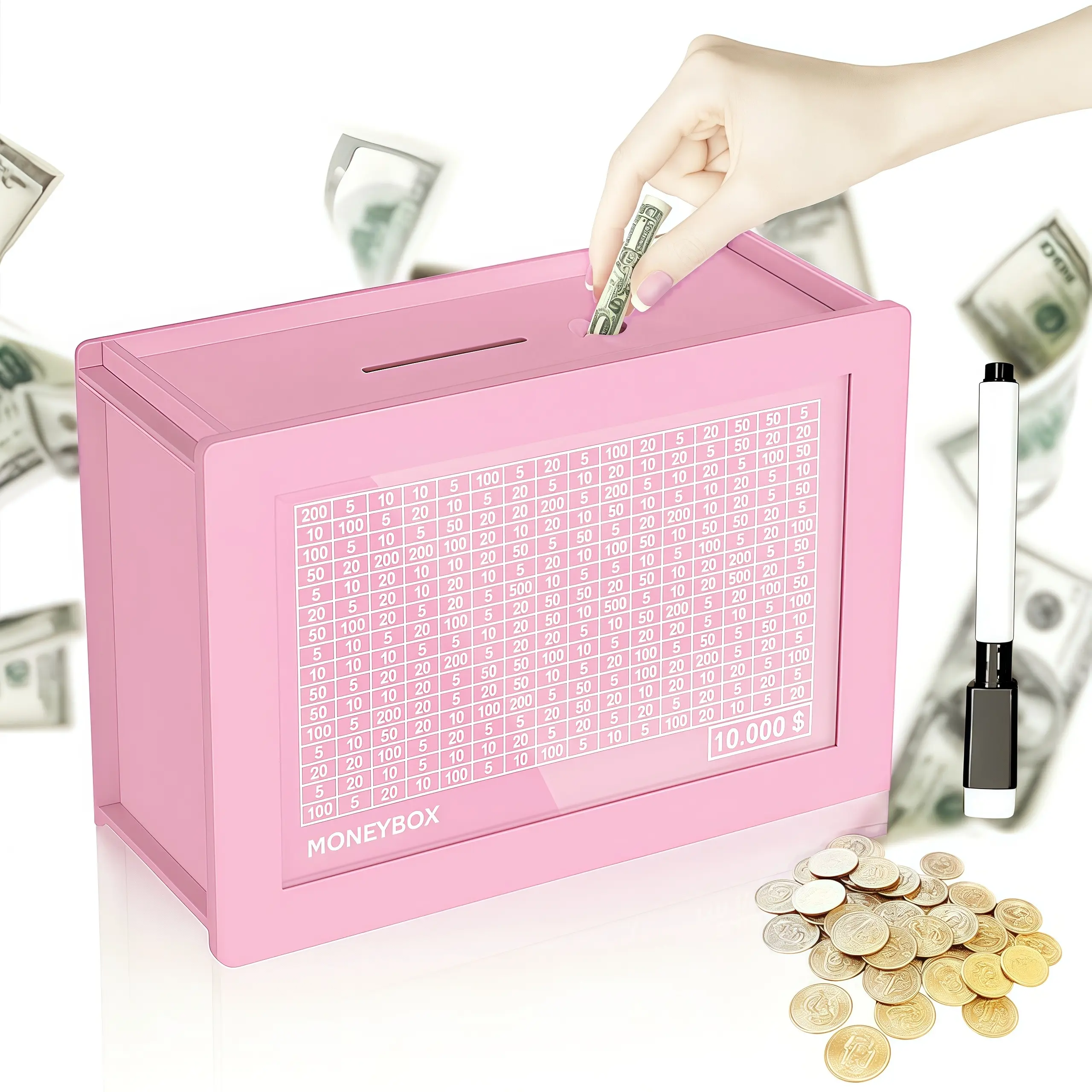 Wooden Savings Box, Countdown Saving Box with 10,000 USD Target, Box with Numbers for Boys & Girls