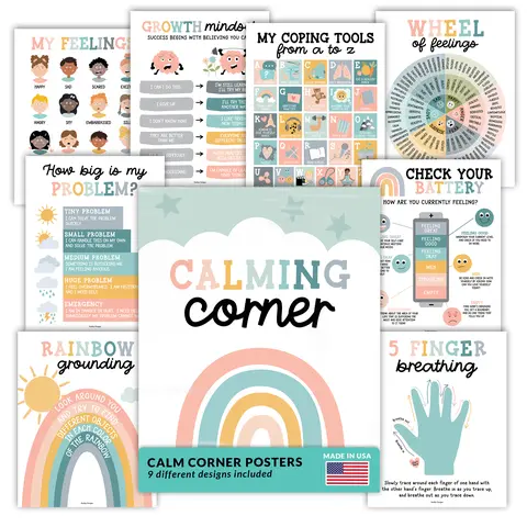 Hadley Designs 9-Pack Calming Corner Laminated Cards - 11x17 USA Made Emotion Tools, Classroom Supplies with Farmhouse Look for Preschool Homeschool Classroom Decor
