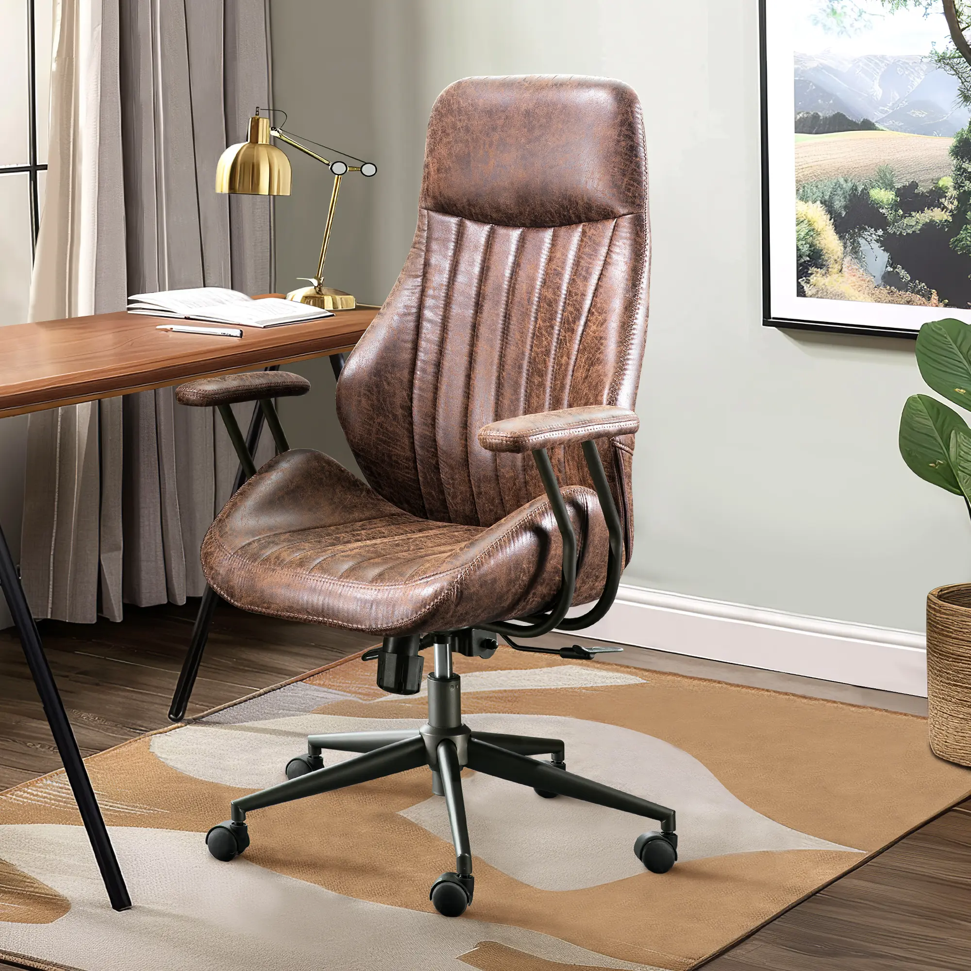 Executive Chair Mid Century Office Modern Chair,55° Reclining High Back Desk Chair with Wheels,Conference Room Chairs,Brown Office Chair,Computer Chair for Adults,Swivel Chair