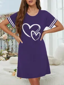 Women's Elegant Heart Print Knit Nightdress, Round Neck, Soft Comfortable Sleepwear for All Seasons, Ladies Fashion Pajamas, Loungewear