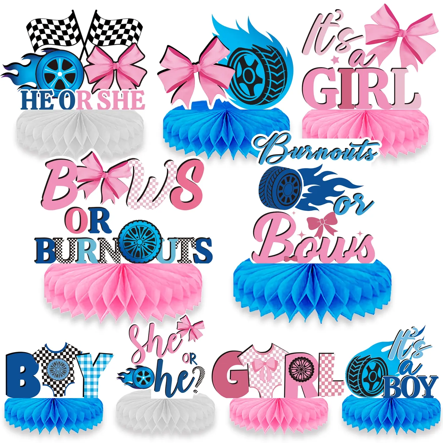 9Pcs Burnouts or Bows Gender Reveal Party Party Centerpiece Decorations Honeycomb Table Toppers Blue and Pink Car Wheel Bow Tie Party Decoration Supplies Party Pack for He or She Gender Reveal Baby Shower Set Party Event Props