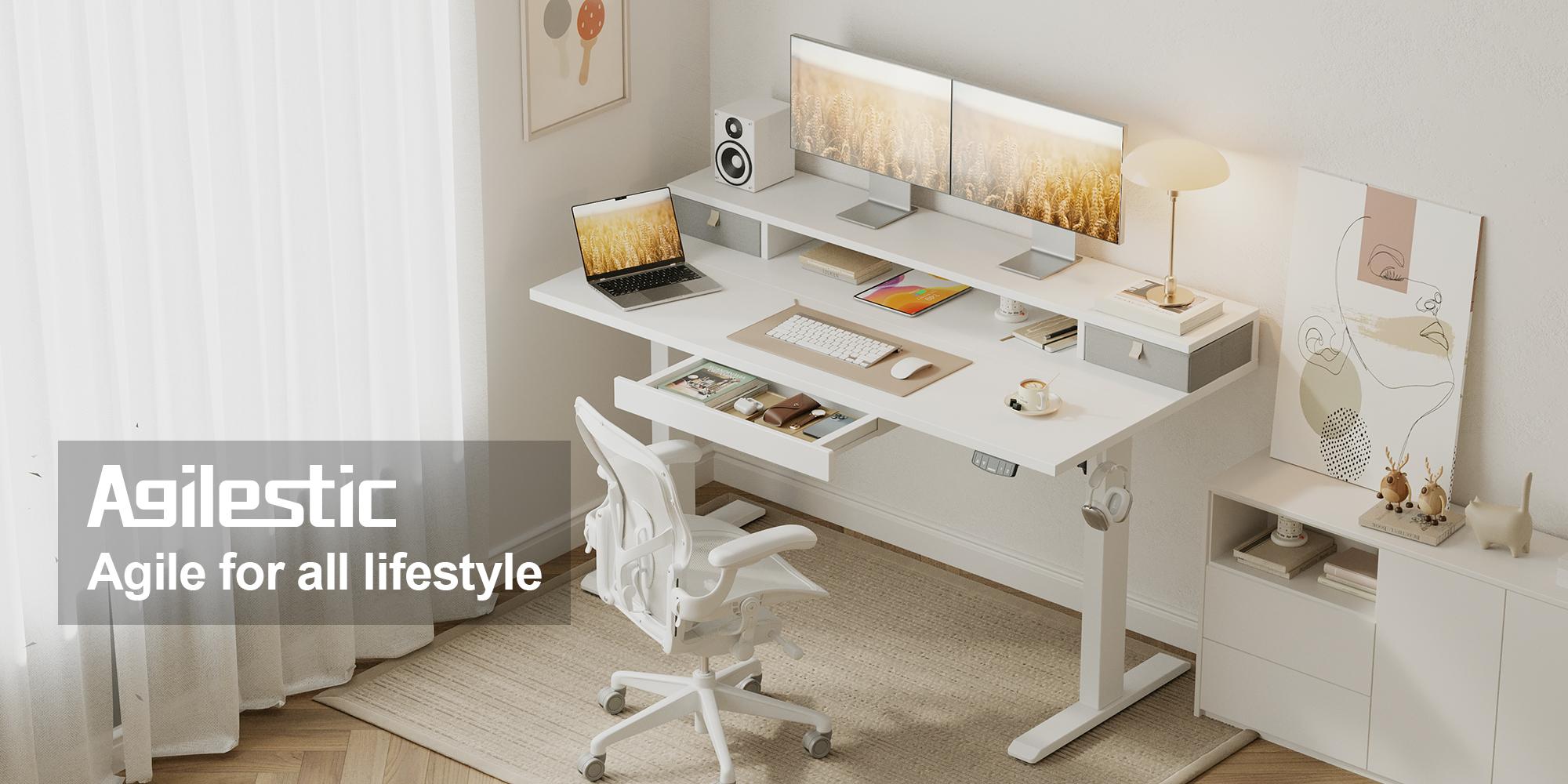 Agilestic Standing Desk with 3 Drawers, Height Adjustable Electric  Sit Stand Up Desk, Computer Workstation with Large Storage Shelf and 2 Hooks,Gaming Desks Gifts for Men and Women,Black/White/Rustic Brown