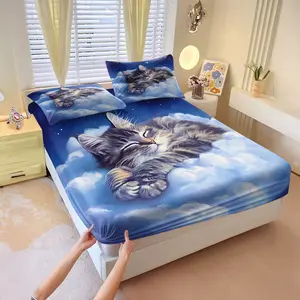 Dreamy Night Sky Cat Print Fitted Sheet Set,Includes 1 Fitted Sheet & 2 Pillowcases without Filler,Comfortable and soft,A great home decor item,Suitable for all seasons.