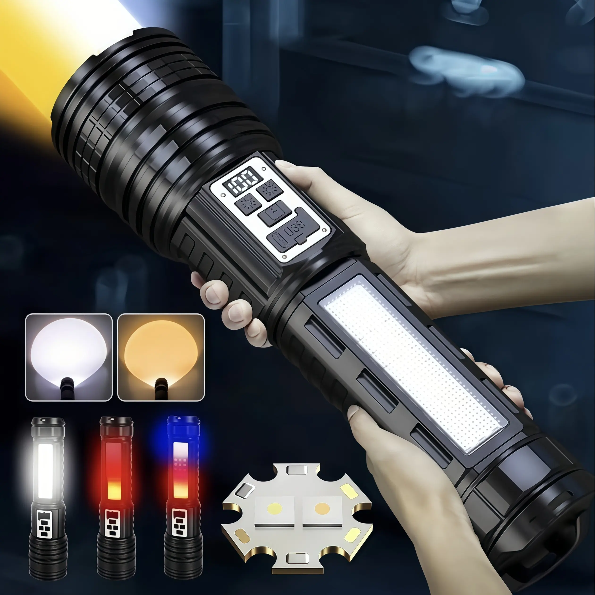 Rechargeable Super Bright COB LED Flashlight - ABS Material, 15 Lighting Modes, Digital Display, Handheld Zoomable Tactical Design, USB-C Fast-Charging Lithium Ion Battery, Tactical Accessories for Outdoor Fishing, Cool Gadgets for Men